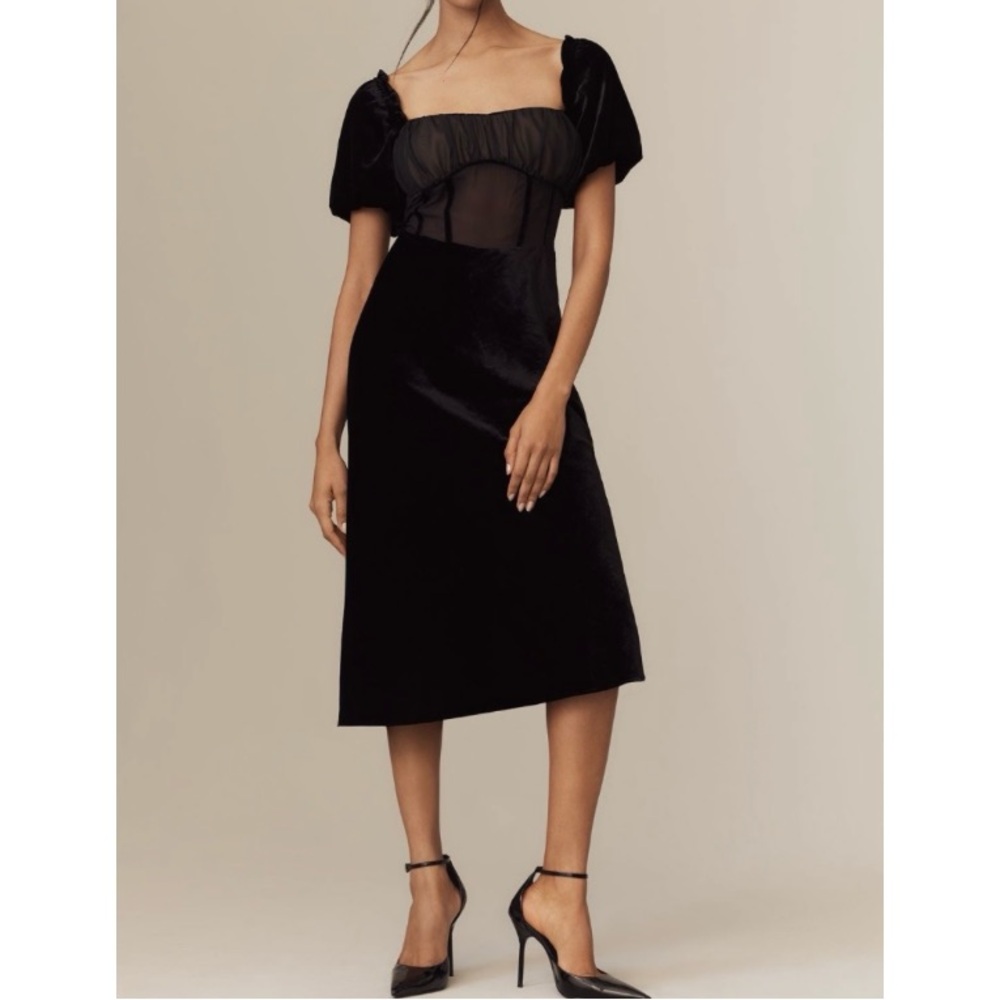 🟤NWT ANTHROPOLOGIE Puff-Sleeve Mesh Velvet
Midi Dress in Black Onyx